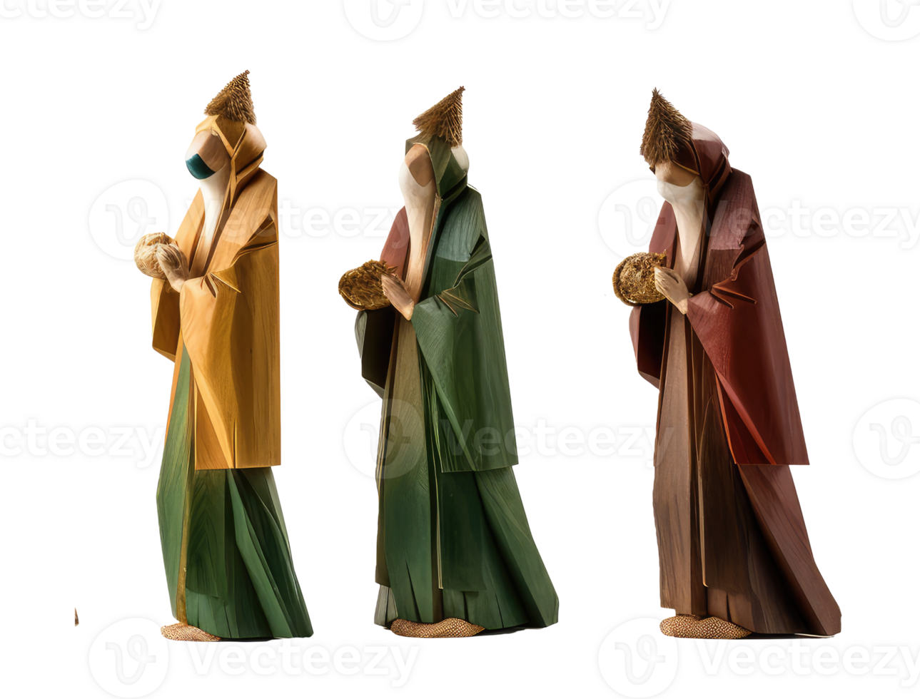 Three Magic Kings Day christmas 3d wise men came to worship the Infant Christ, brought him a gift of gold, frankincense and myrrh on isolated transparent background png. Generative ai png