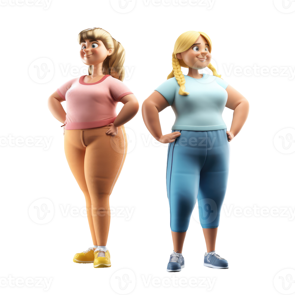 Cute 3d icon Fat two woman character illustration people. Positive body plus size Cartoon minimal style on isolated transparent background png. Generative ai png