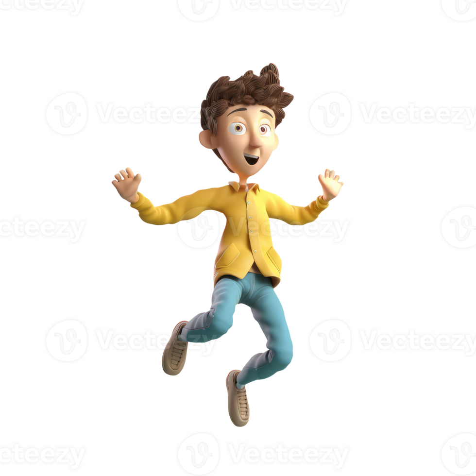 3d icon cute Young smiling Happy winning boy, people jumping character illustration. Cartoon boy minimal style on Isolated Transparent png background. Generative ai