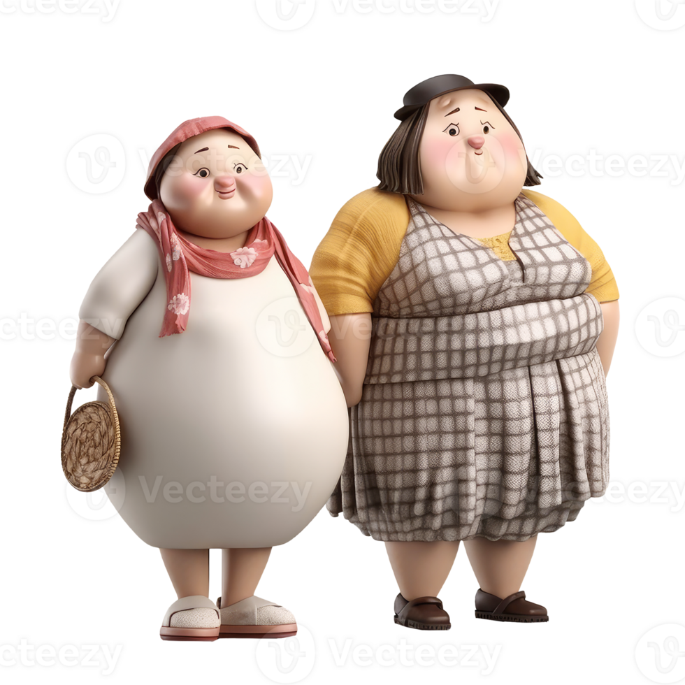 Cute 3d icon Fat two woman character illustration people. Positive body plus size Cartoon minimal style on isolated transparent background . png