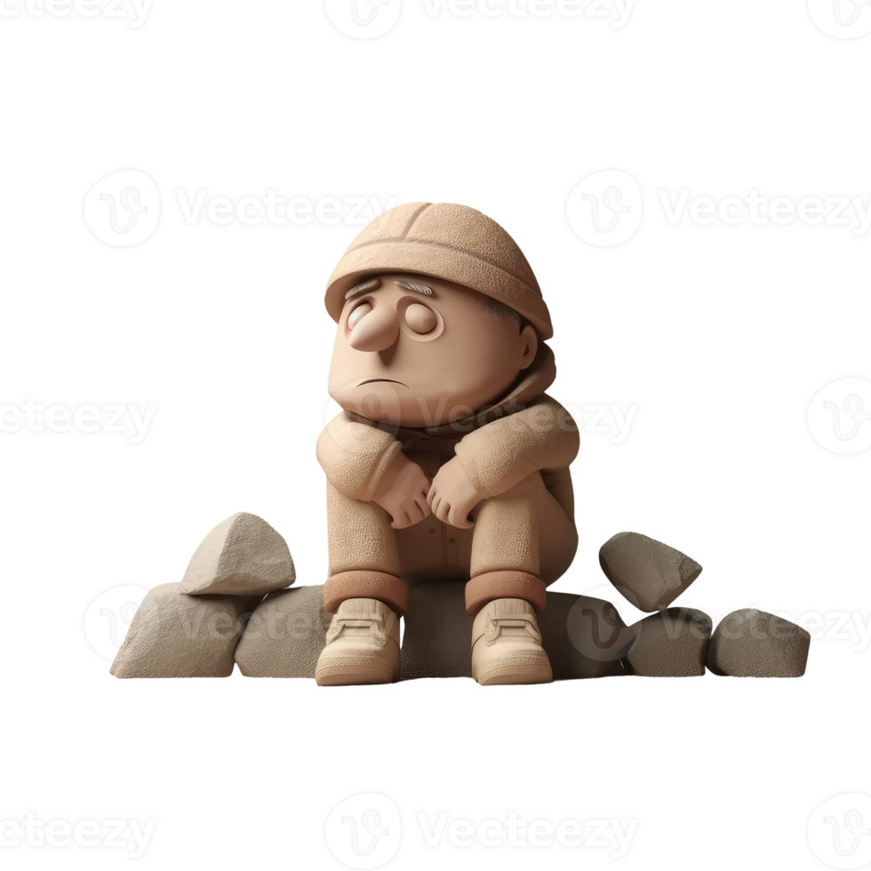 3d icon illustration lonely stress man sitting young subdued male character sad thoughts. Depressed man concept on Isolated Transparent background. png