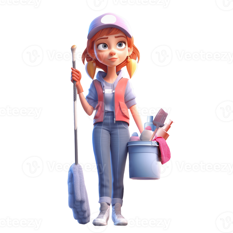 3D icon cute Young woman housewife cleaning the floor with a mop, people activity, daily routine cartoon style on Isolated Transparent png background. Generative ai