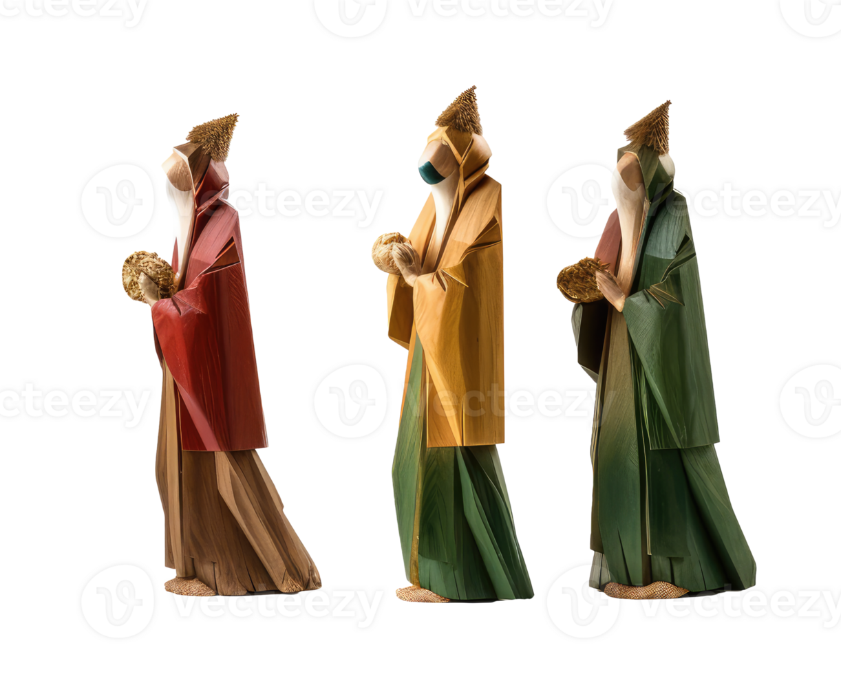 Three Magic Kings Day christmas 3d wise men came to worship the Infant Christ, brought him a gift of gold, frankincense and myrrh on isolated transparent background png. Generative ai png