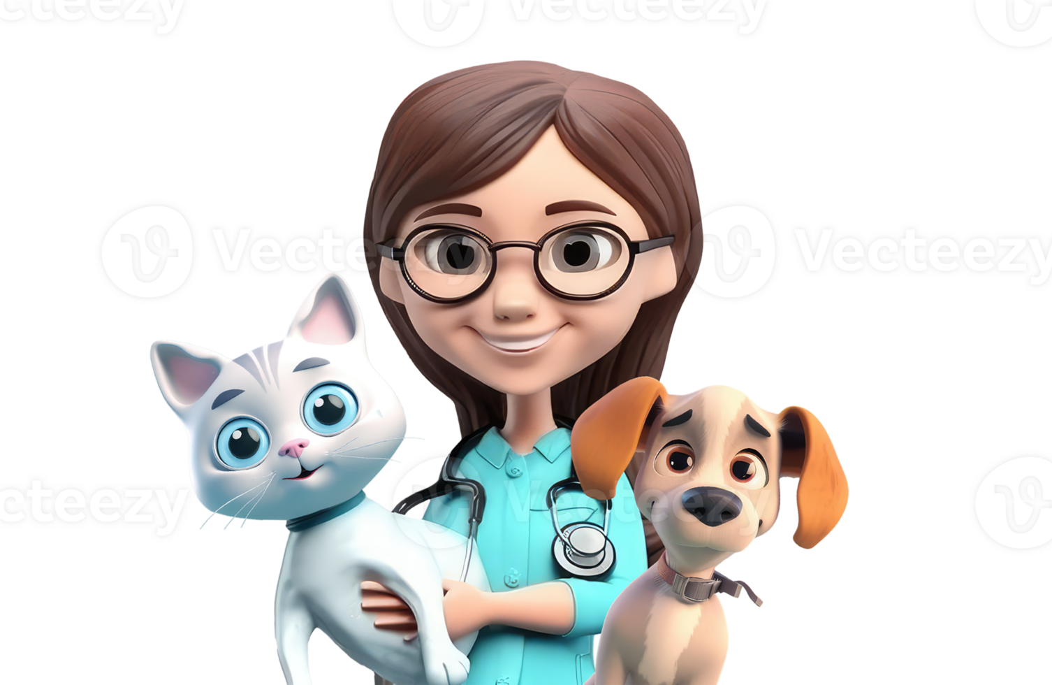 3D icon cute Young veterinarian woman with dog and cat cartoon style on Isolated Transparent png background. Generative ai