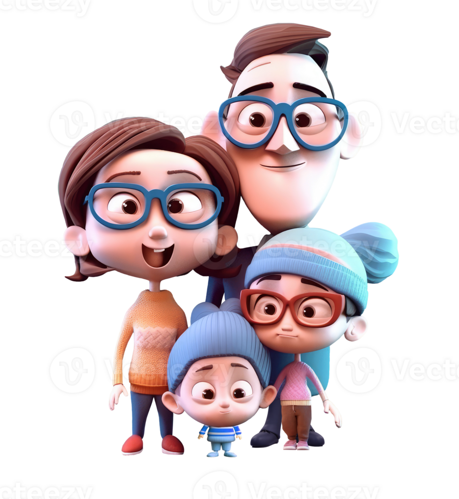 3d icon cute Happy young family. Dad, mom, daughter and son together illustration in cartoon style on Isolated Transparent png background. Generative ai