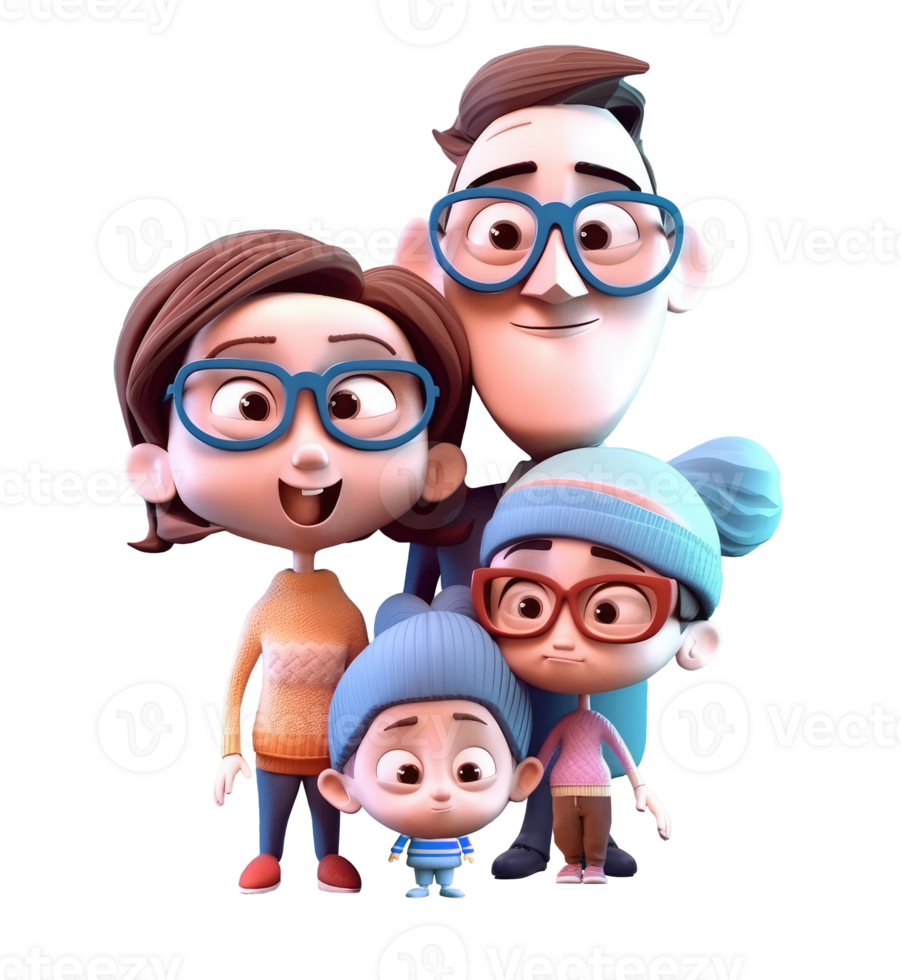 3d icon cute Happy young family. Dad, mom, daughter and son together illustration in cartoon style on Isolated Transparent background. png
