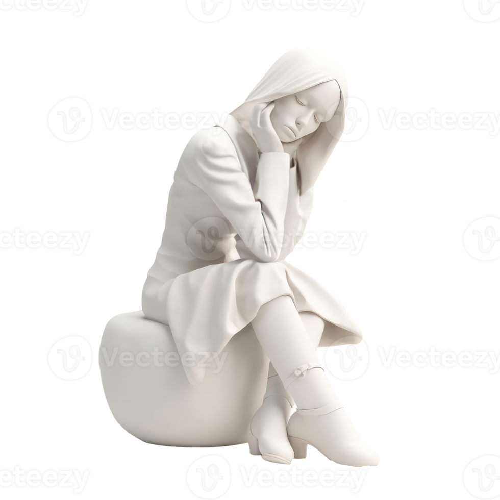 3d icon illustration lonely stress woman sitting young subdued female character sad thoughts. Depressed people concept on Isolated Transparent png background. Generative ai