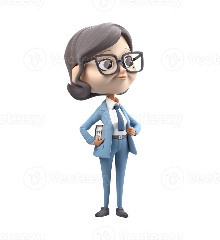 3d icon cute Young smiling business woman or office worker stands and holds work documents folder. people character illustration. Cartoon minimal style on Isolated Transparent . png