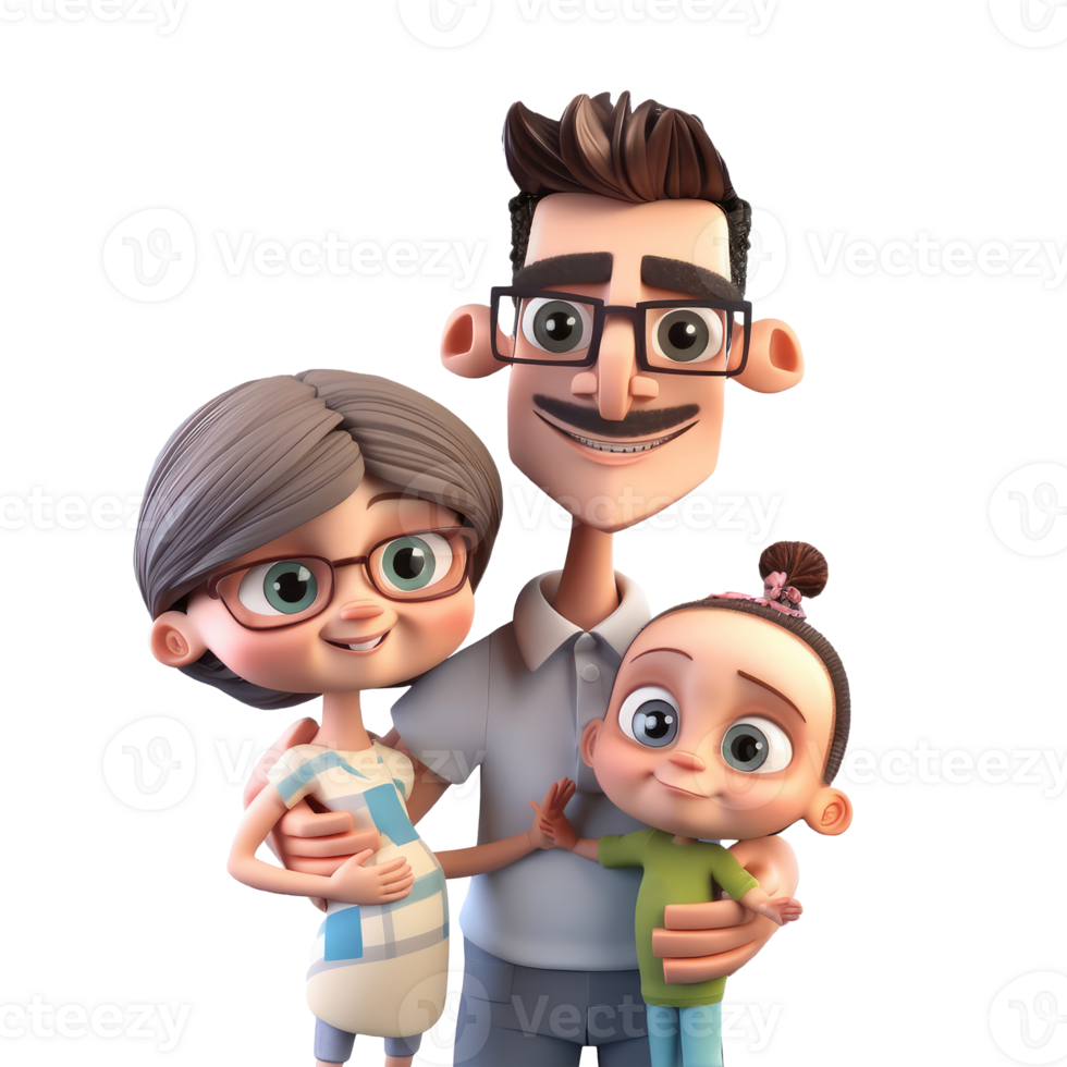 3d icona carino contento giovane famiglia. papà, mamma, figlia insieme illustrazione nel cartone animato stile persone su isolato trasparente png sfondo. generativo ai