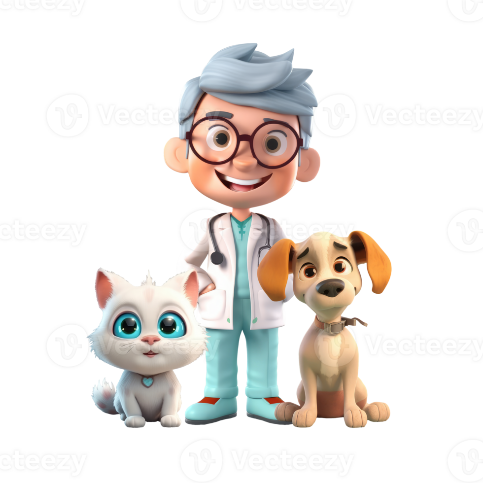 3D icon cute veterinarian man with cat cartoon style on Isolated Transparent png background. Generative ai