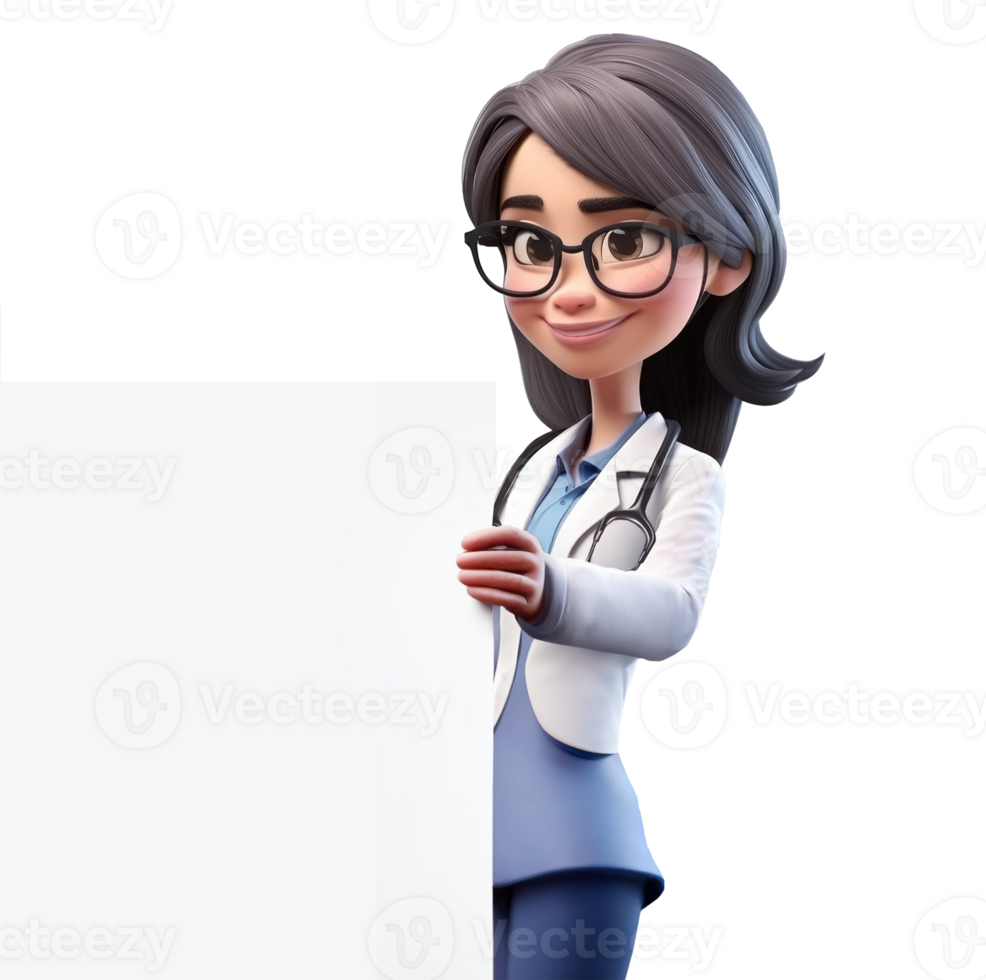 Woman doctor holding a mockup poster for your text medical specialist Medicine concept hospital Cute 3d icon people character illustration. Cartoon minimal style on isolated transparent background png