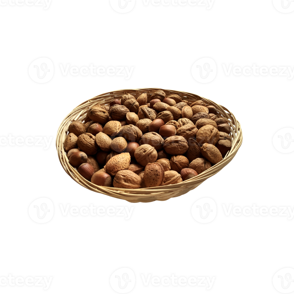 Dried nuts in wicker bowl isolated object top view, soft focus clipping path, pistachio, hazelnuts, walnuts, healthy raw food organic diet concept png