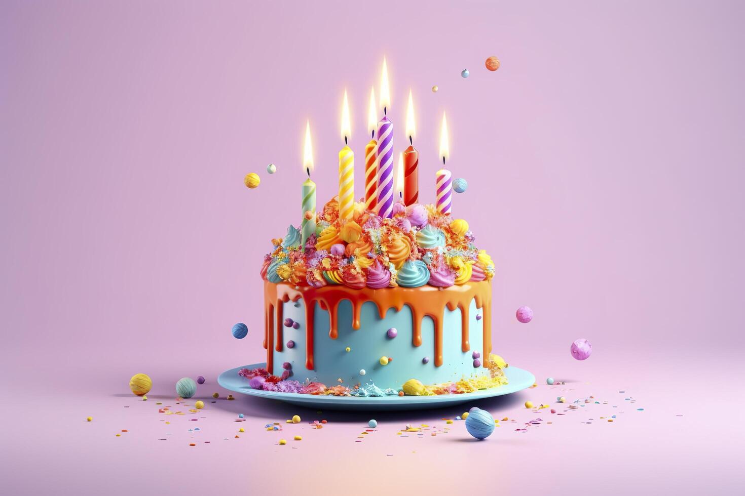 Colorful birthday cake on pastel background. Sweet and delicious Happy Birthday cake, copy space. Celebration concept. photo