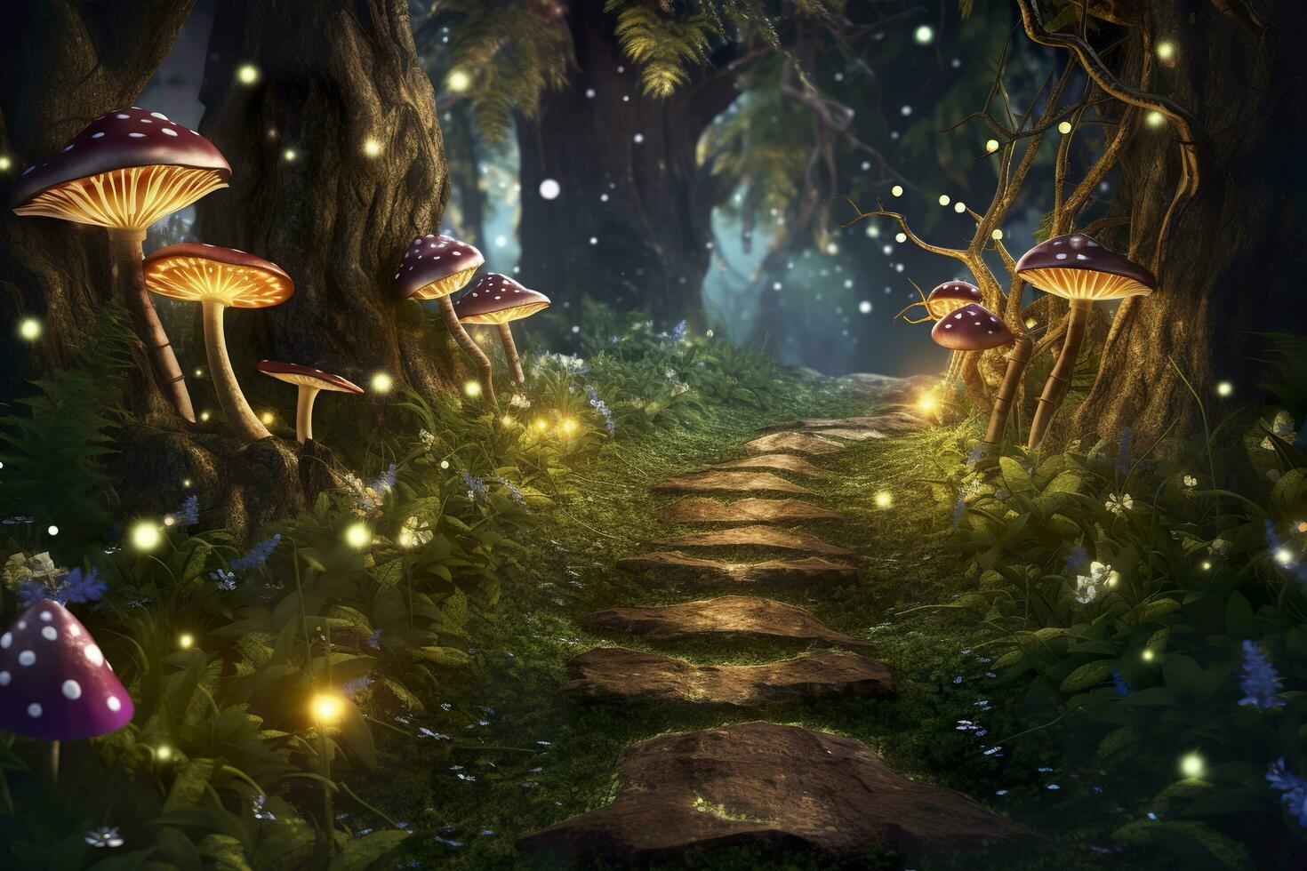 background fairy wood with a single path, zoom on a small portion of the path and add trees, moss, fireflies and mushrooms as additional decorations. AI Generative photo