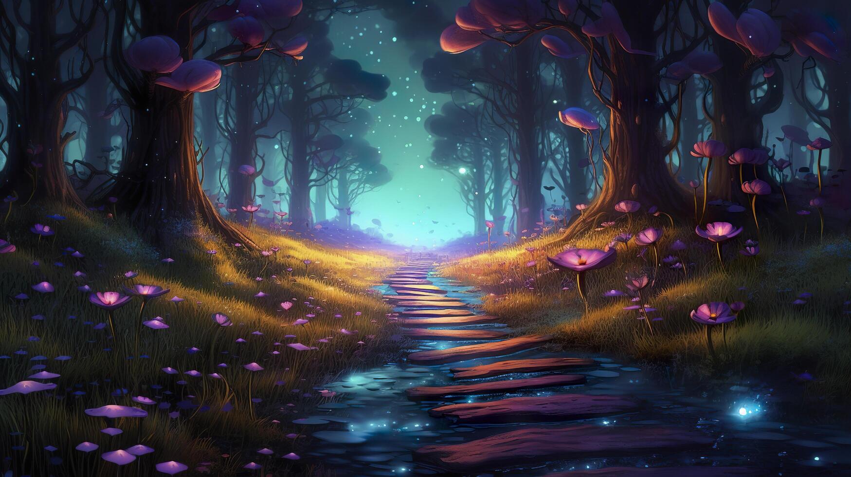 Fantasy fairy tale background with forest and blooming path. Fabulous fairytale outdoor garden and moonlight background. AI Generative photo