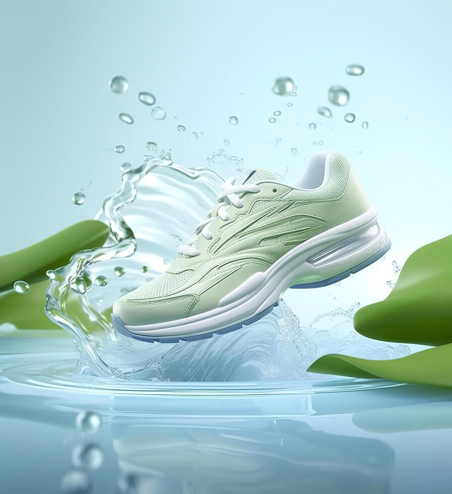 Fresh fly running shoes in water and wind in the style of natural patterns light white and light indigo ethereal illustration light blue and light green delicate still life. photo