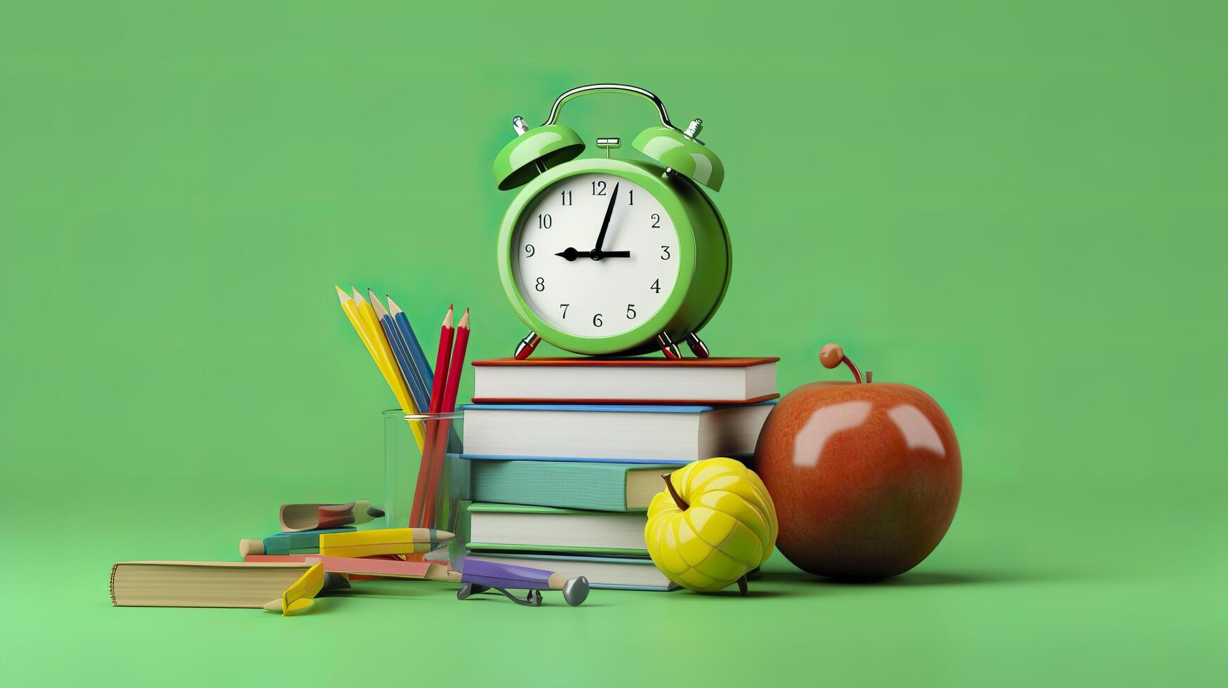 Pop art illustration of School accessories with apples, books, and an alarm clock on the School background. Back to school concept. 3D Rendering, photo