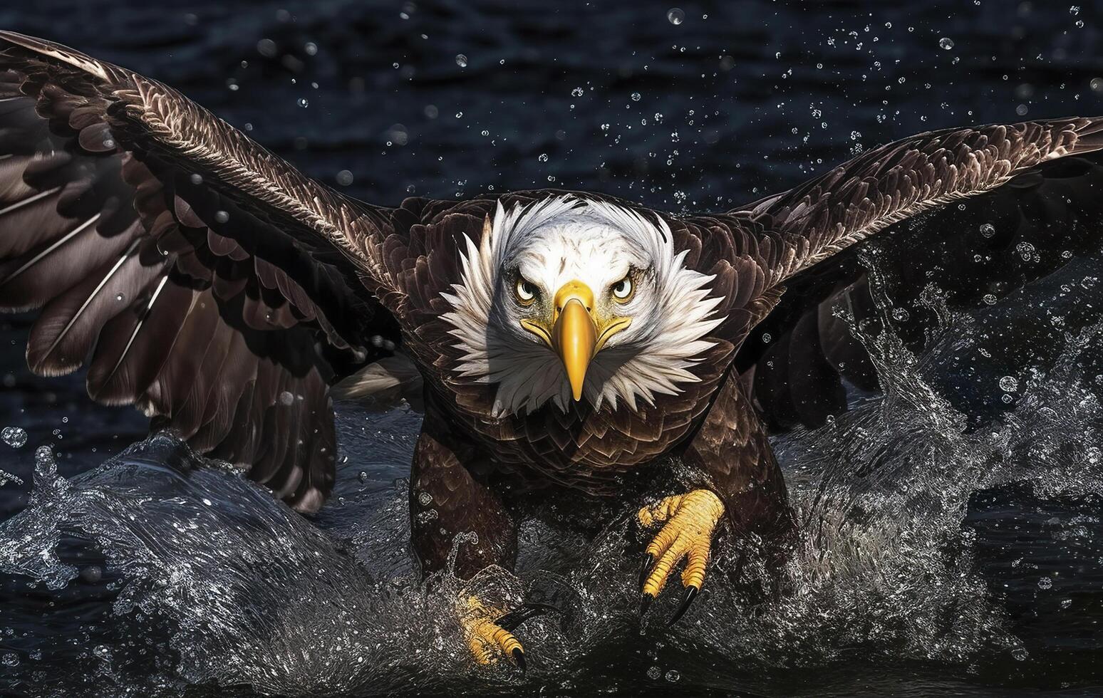 Fishing Bald Eagle, a bald eagle facing camera catches a fish out of the water, in the style of National Geographic contest winner, super telephoto close up. photo