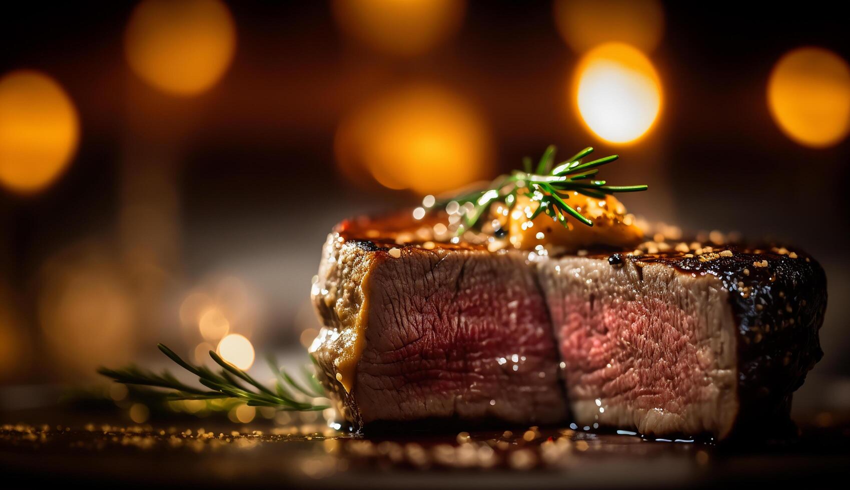 grilled beef fillet steaks with herbs and spices on dark background. photo