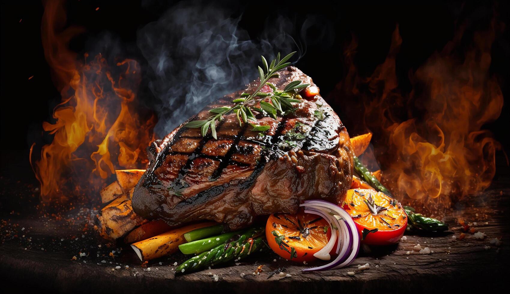 grilled beef fillet steaks with herbs and spices on dark background. AI Generative photo