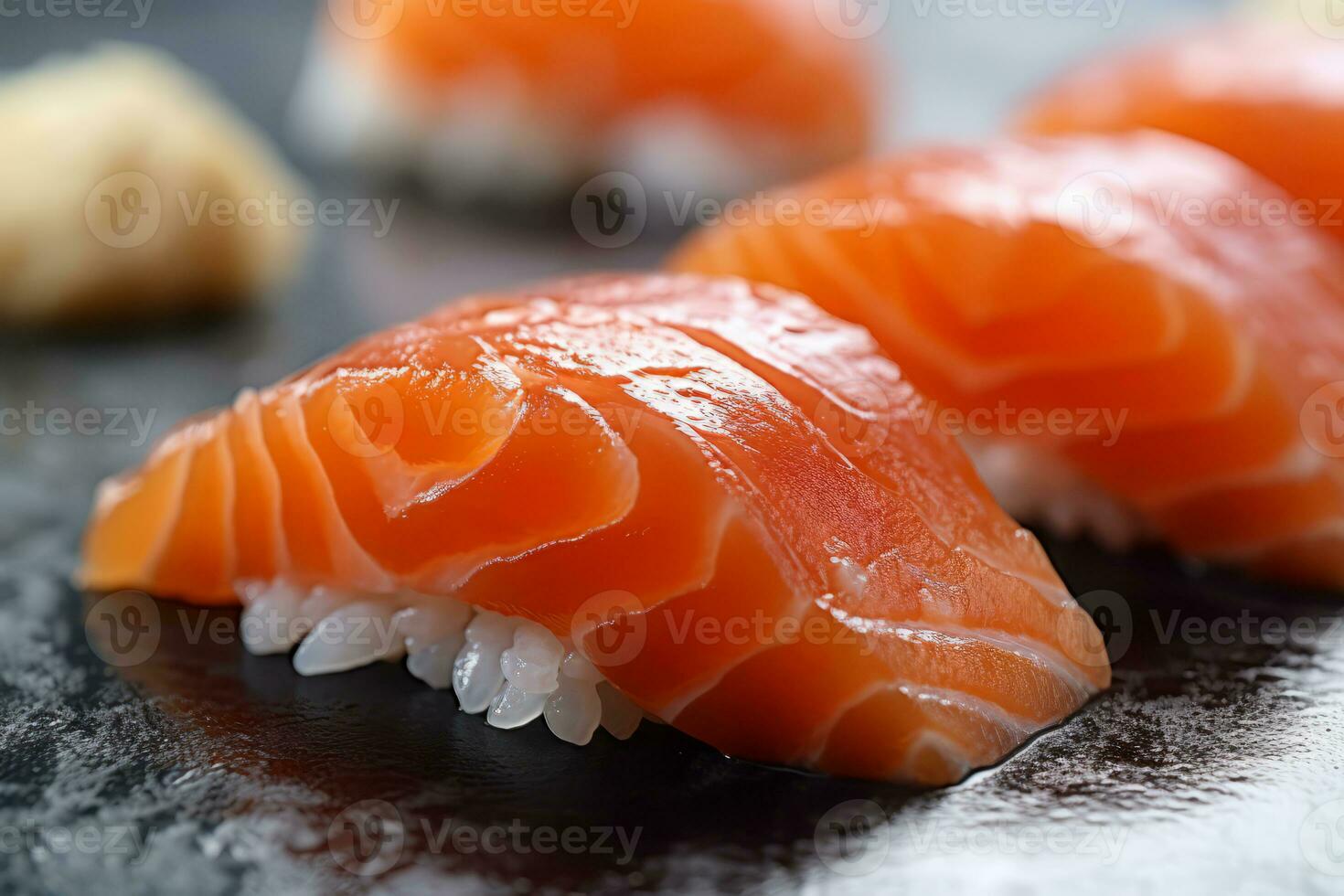 Sushi with salmon on the plate, Japanese food. AI Generated., Japanese food. AI Generated. photo