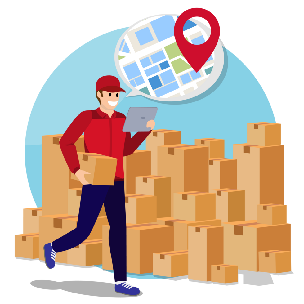 Courier delivery man Find location for sent parcel box with mobile phone fast online delivery service online ordering internet e-commerce ideas for website illustration png