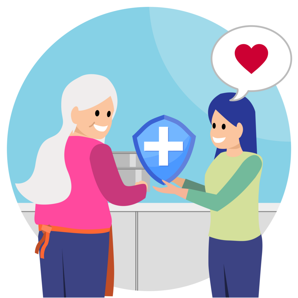 Daughter gives life insurance to mother who is cleaning the kitchen blue background png