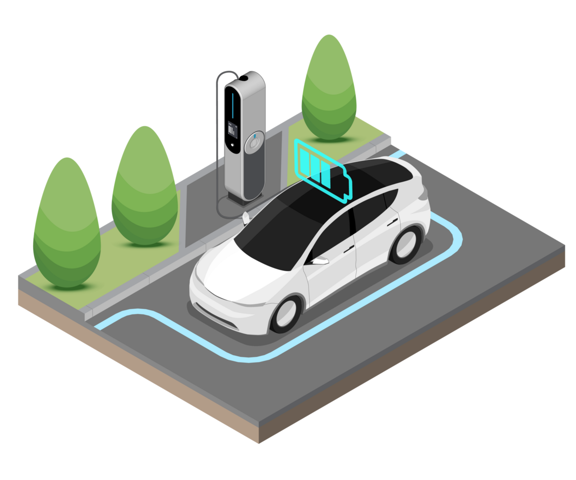 ev électrique voiture Arrêtez à mise en charge station écologie Couper à l'intérieur spectacle batterie concept isométrique isolé png