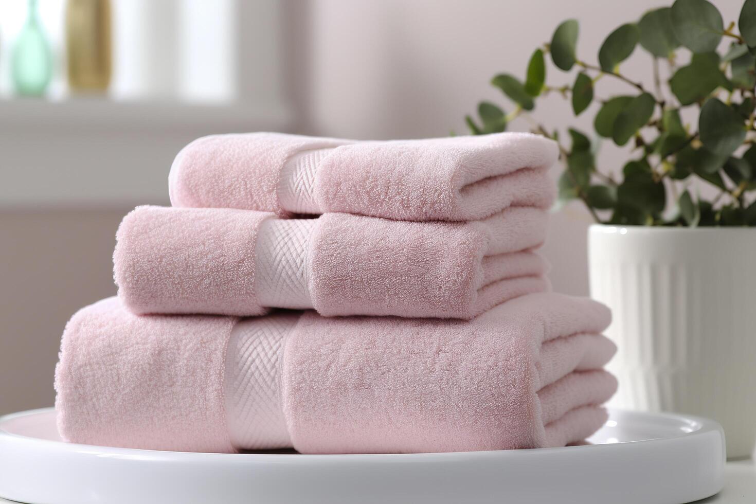 the world's softest towels against a minimalistic background. Stacked white towels sit on top of a soap dish in a bathroom. photo