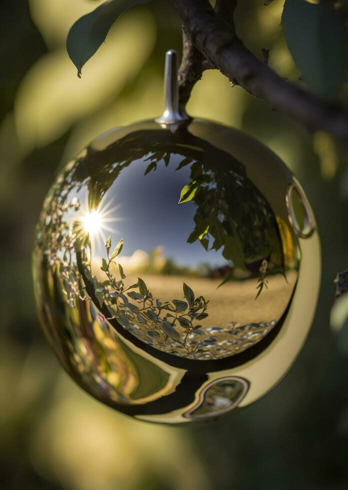 close up, photo of a mirror apple hanging in an apple tree,  AI Generative