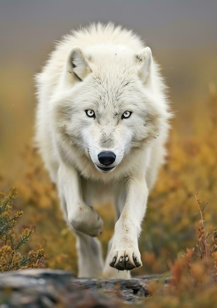 el lobo mirada, un momento de vida en el ártico desierto. ai generativo foto