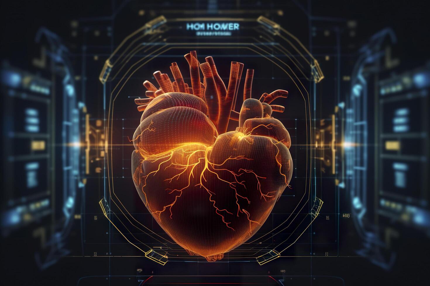 A GUI hologram of a futuristic human heart, holographic sci-fi interface, data lines, scales, and charts, cinematic, AI Generative photo