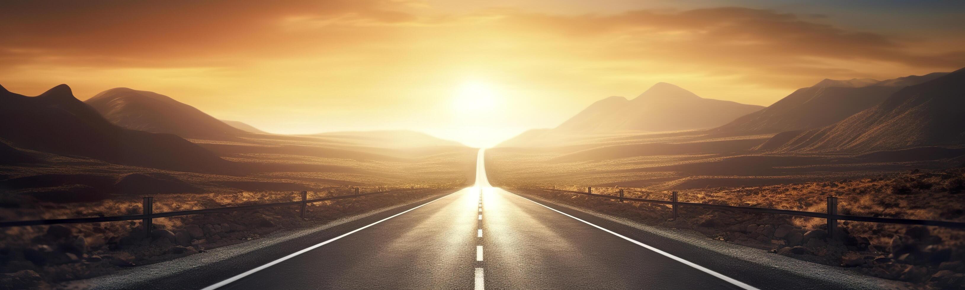 Black Asphalt Road And White Dividing Lines. Highway in early morning. digital ai art. photo