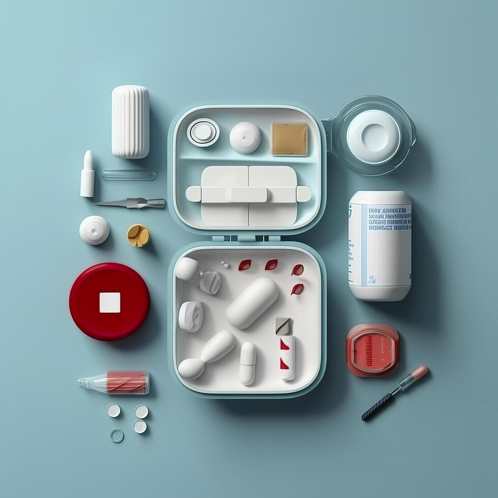 First aid kit top view on a blue background. Pills, plaster, thermometer, bandage, are laid out nearby, 3d render, AI Generative photo