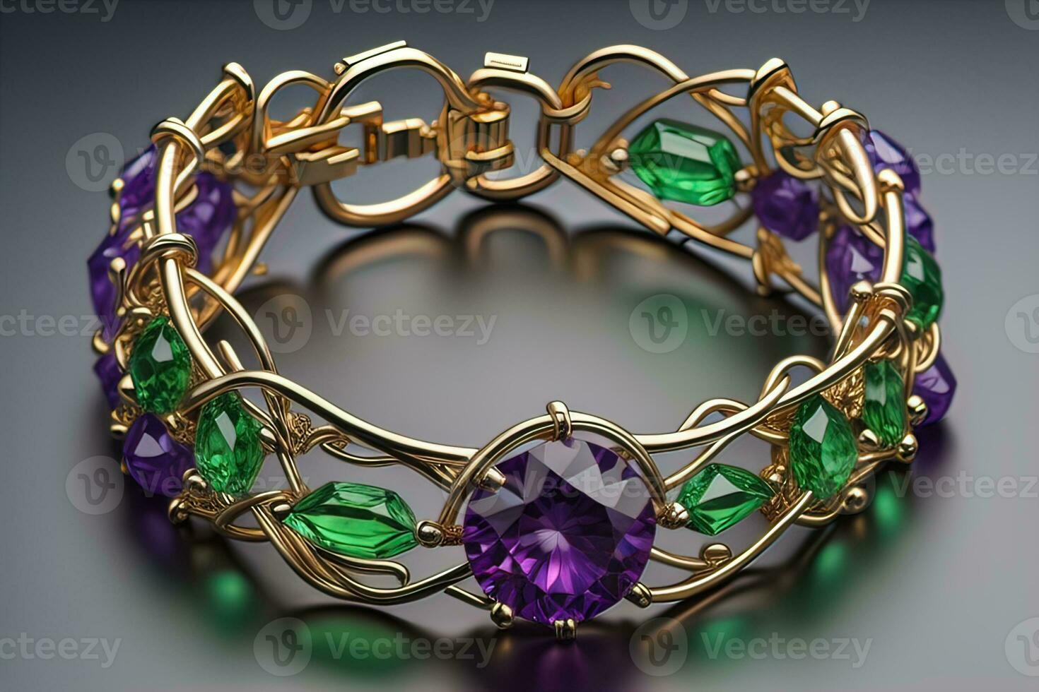 Jewelry Bracelet with precious stones on a gray background. Studio shot. ai generative photo