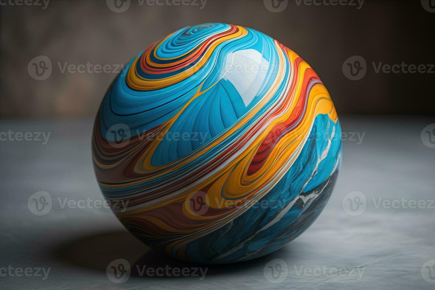 Colorful marble ball on a solid colour background. Close-up. ai generative photo