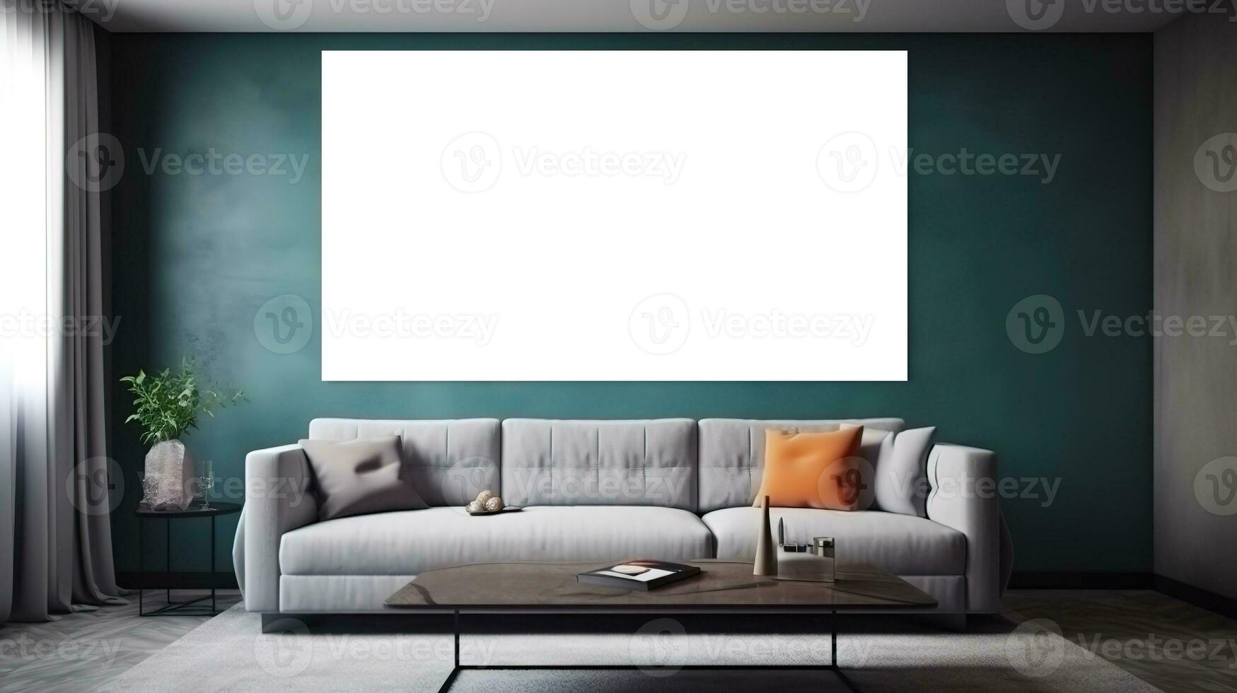 Modern cozy living room interior with large white blank copy space mockup. Generated ai. photo