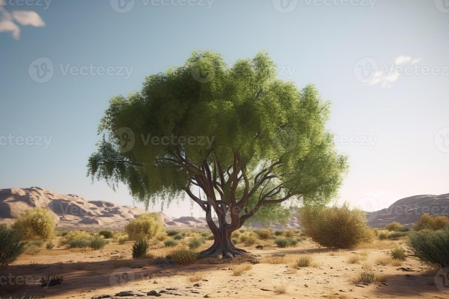 Lone big green tree growing in a sandy desert. . photo