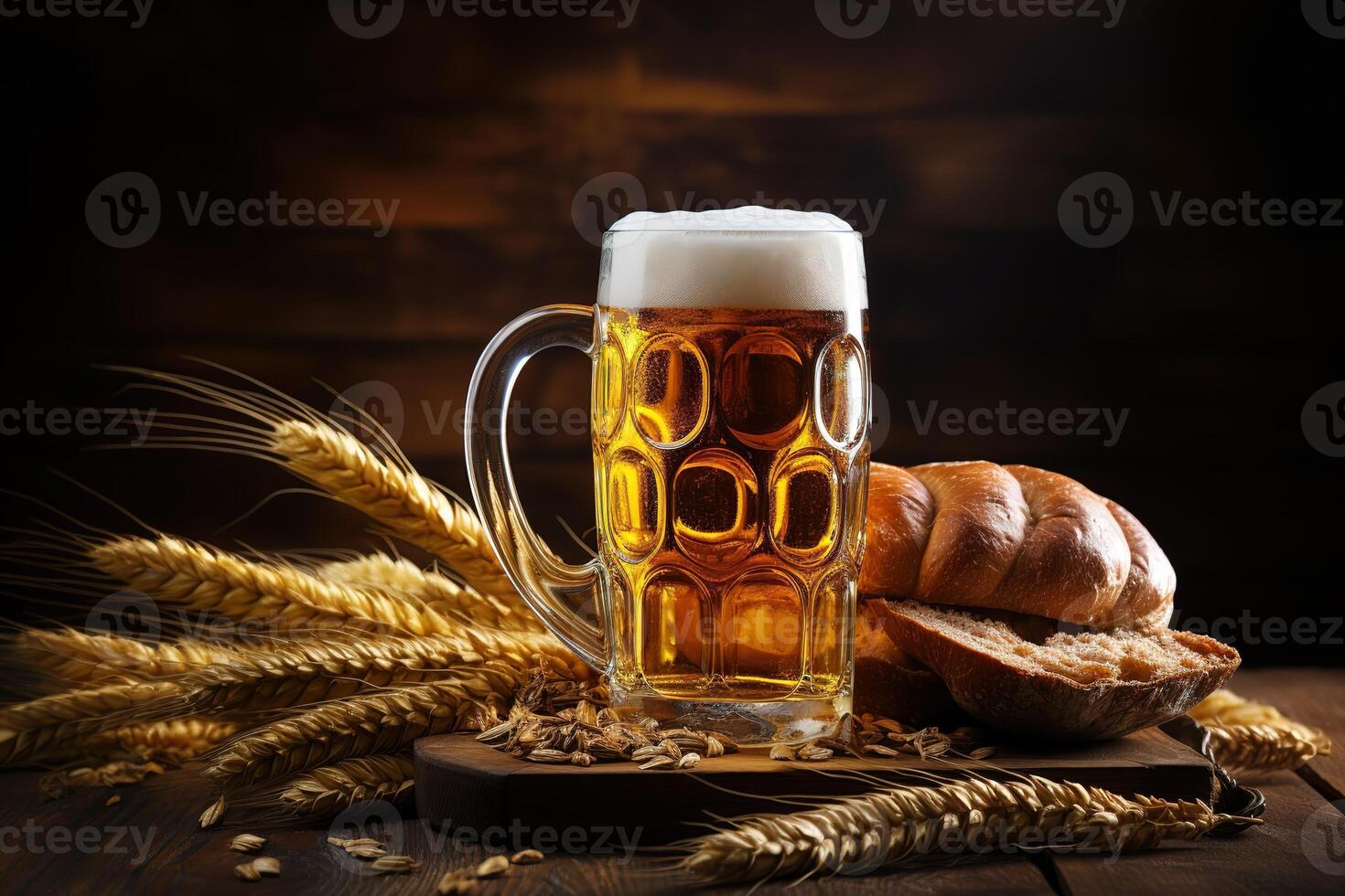 mug of beer with foam on the table with spikelets of wheat and bread. photo