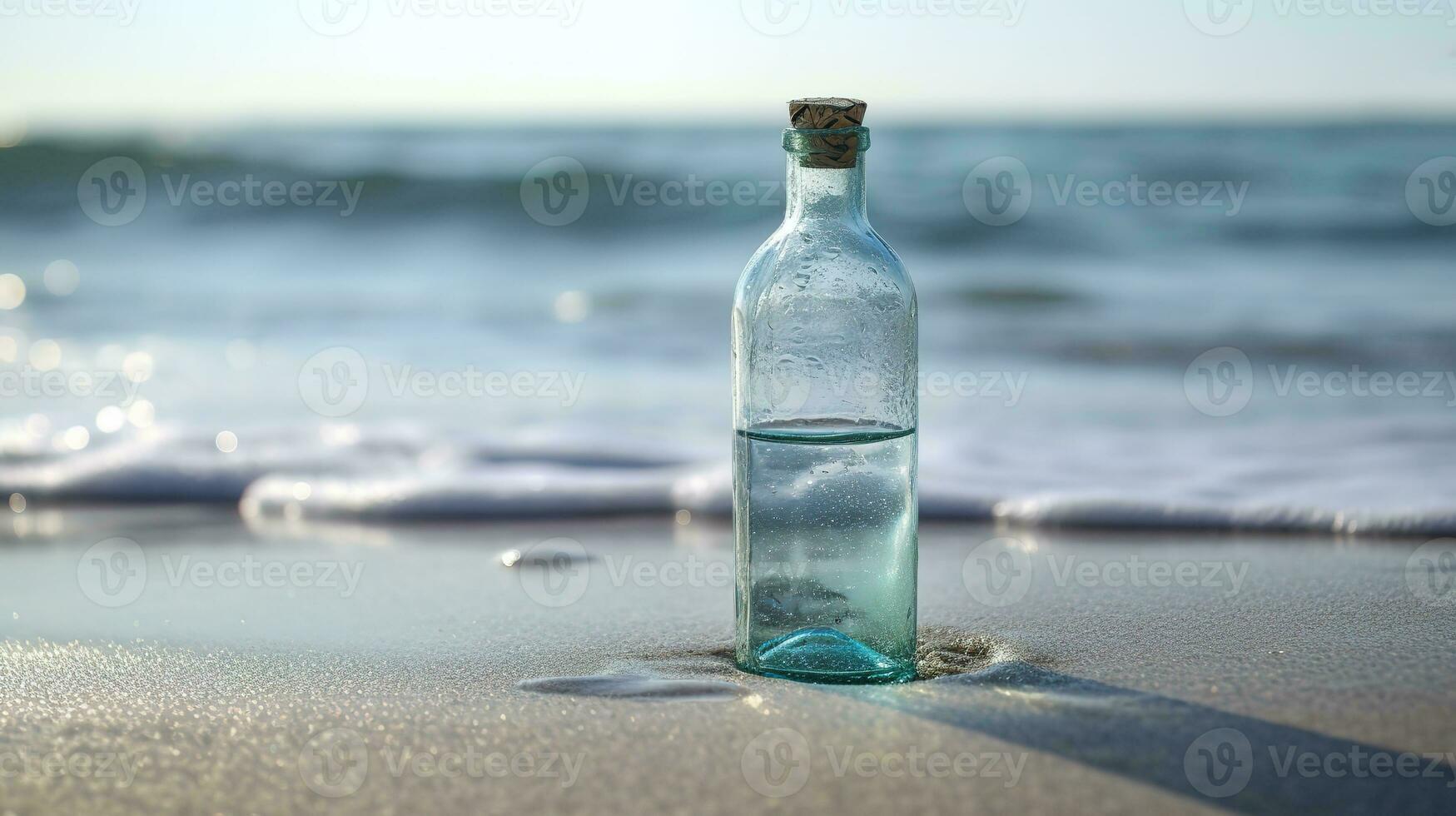Glass bottle with pure water on a beach shoreline. Generated ai. photo