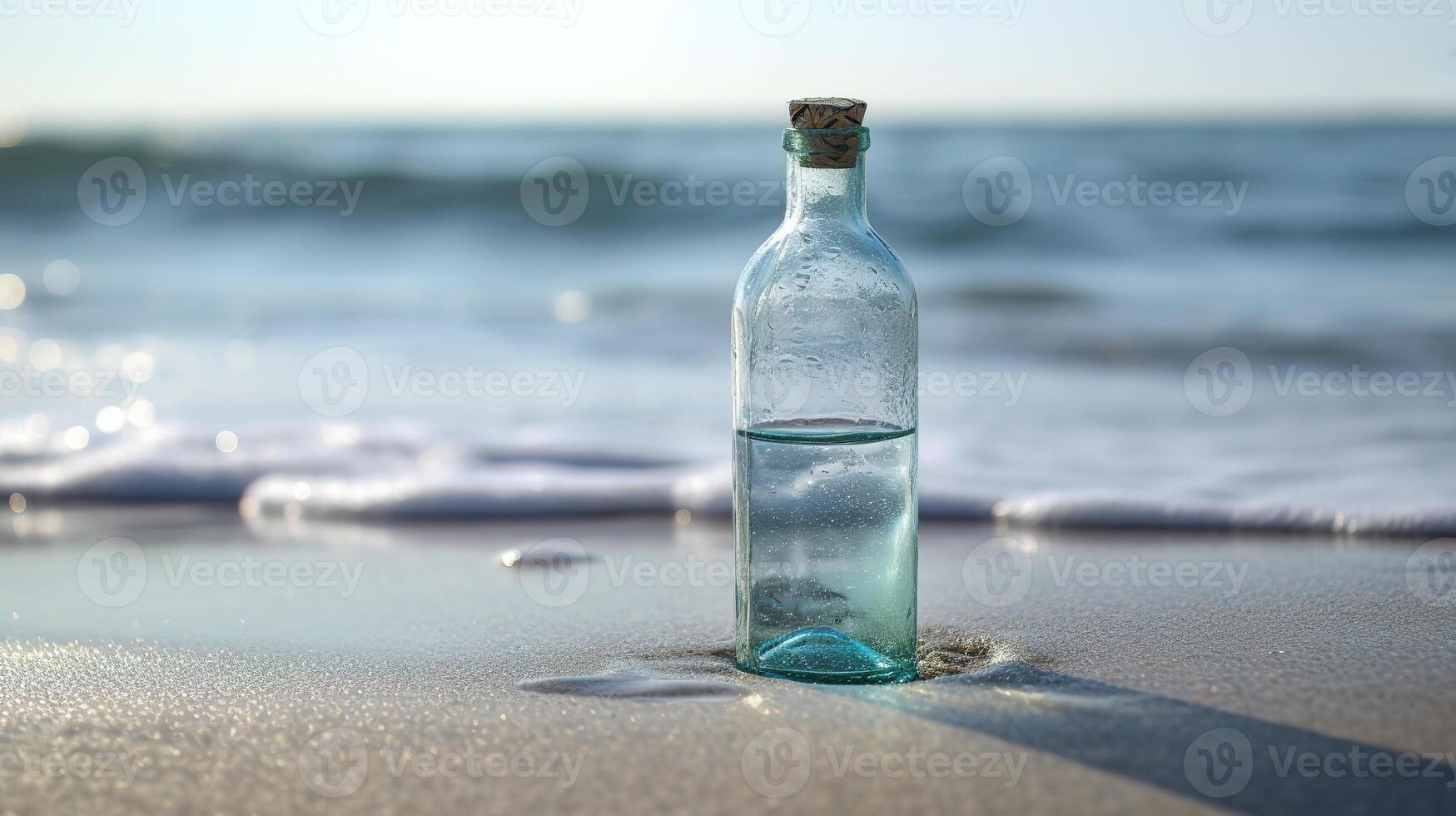 Glass bottle with pure water on a beach shoreline. Generated ai