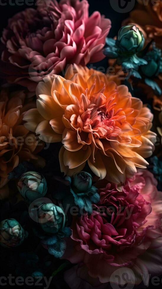 vertical image bright aster flowers, abstract floral background. generated ai photo