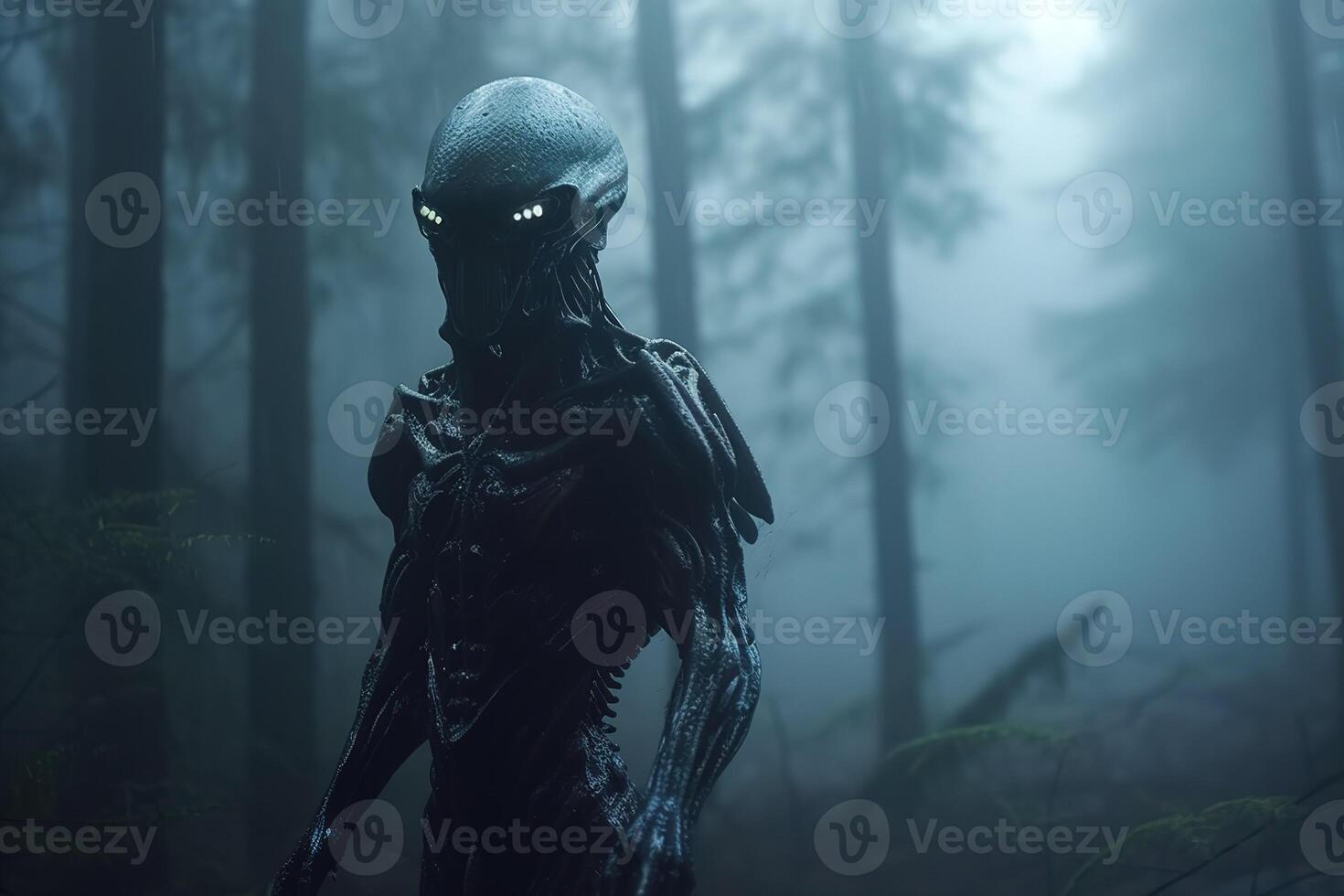 Evil alien with glowing eyes in dark foggy forest. . photo