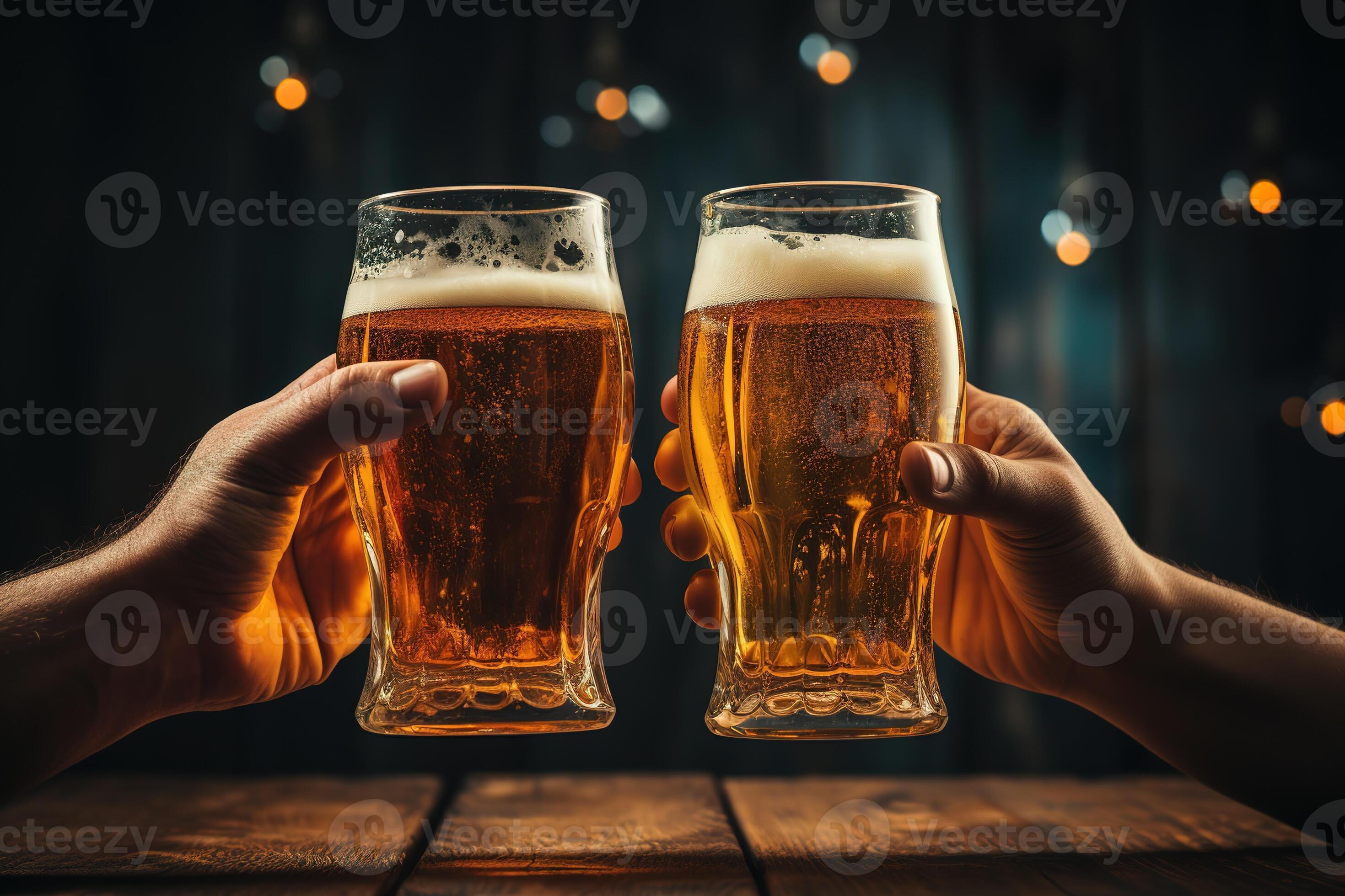 hands clinking glasses with beer in a bar close up. 26977746 Stock