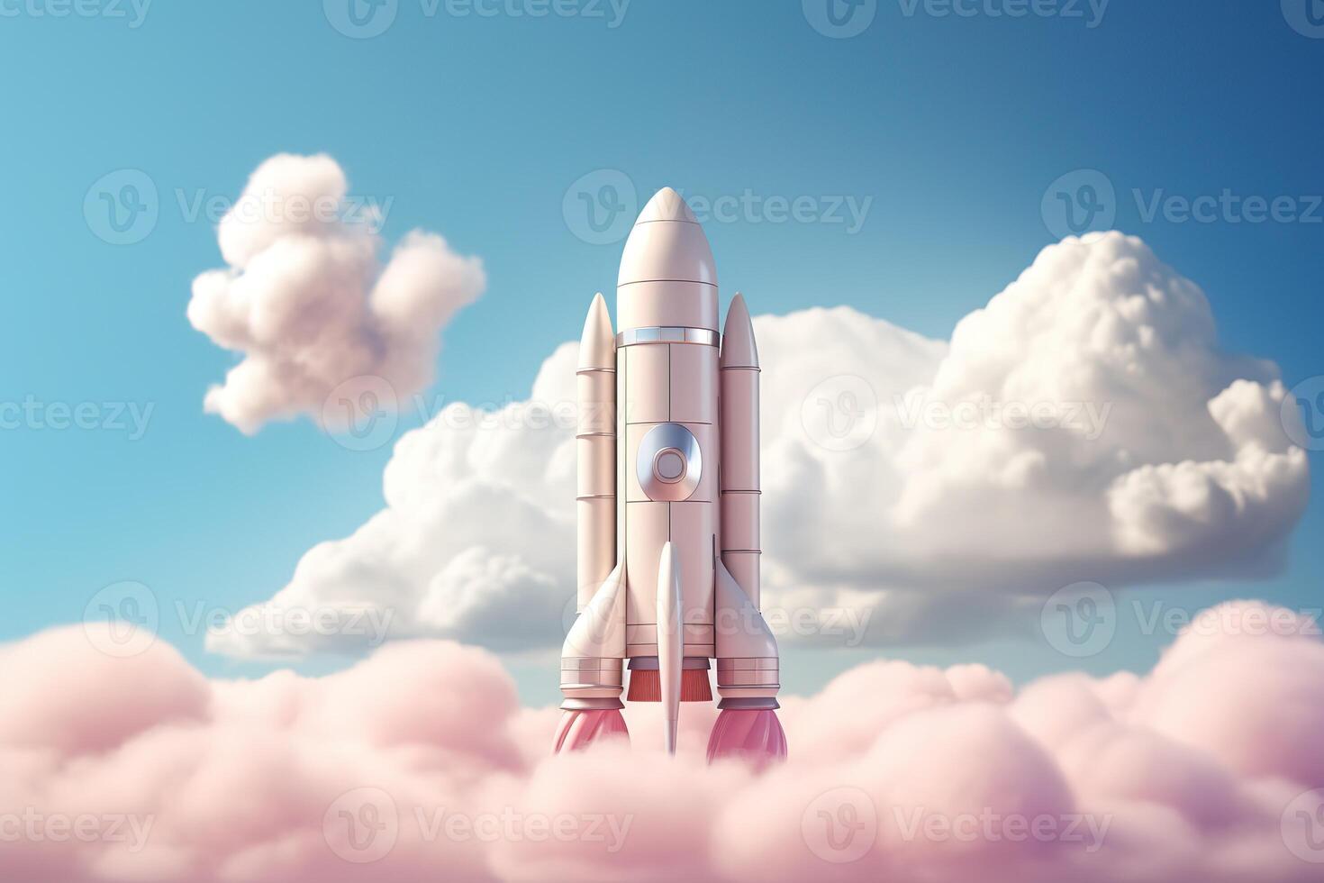 Volumetric image of a rocket flying through the clouds. . photo
