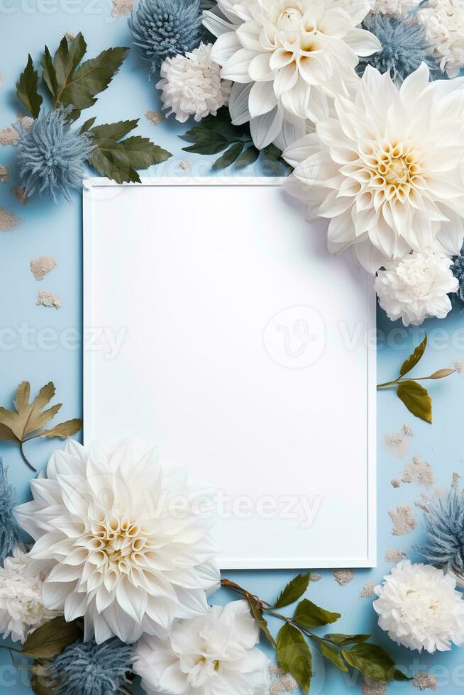 vertical template white blank card on a blue background surrounded by white and blue flowers. generated ai photo