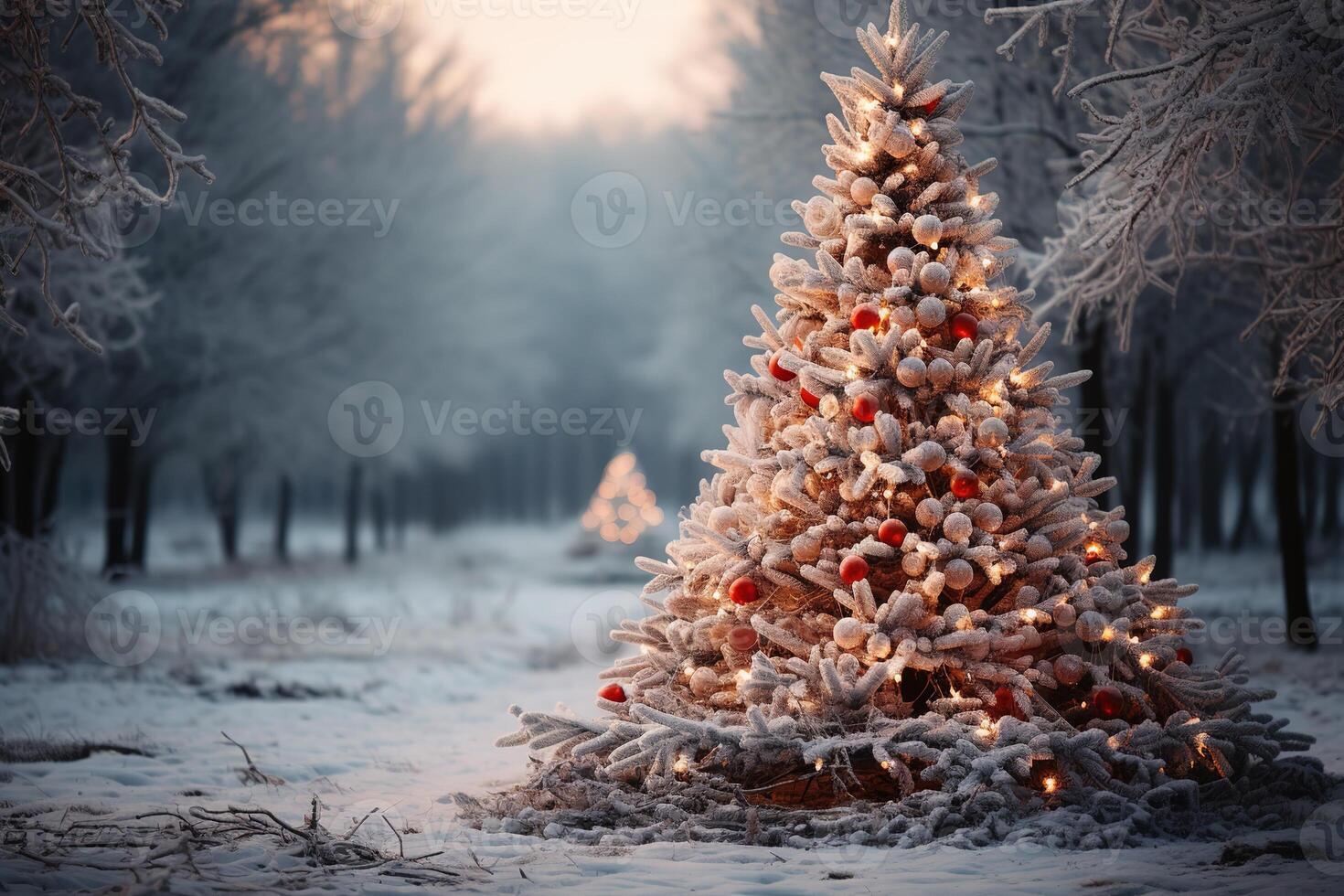 glowing decorated christmas tree in snowy winter forest at dusk. photo