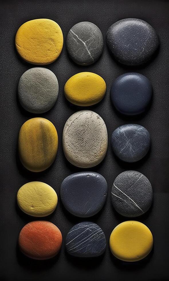 Some colorful stones are displayed, dark navy and yellow, AI Generative photo