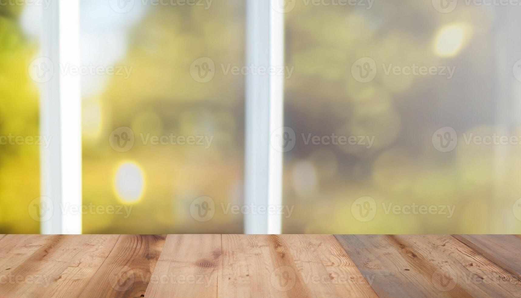 , Wooden table top on blur background of window and bokeh image. photo