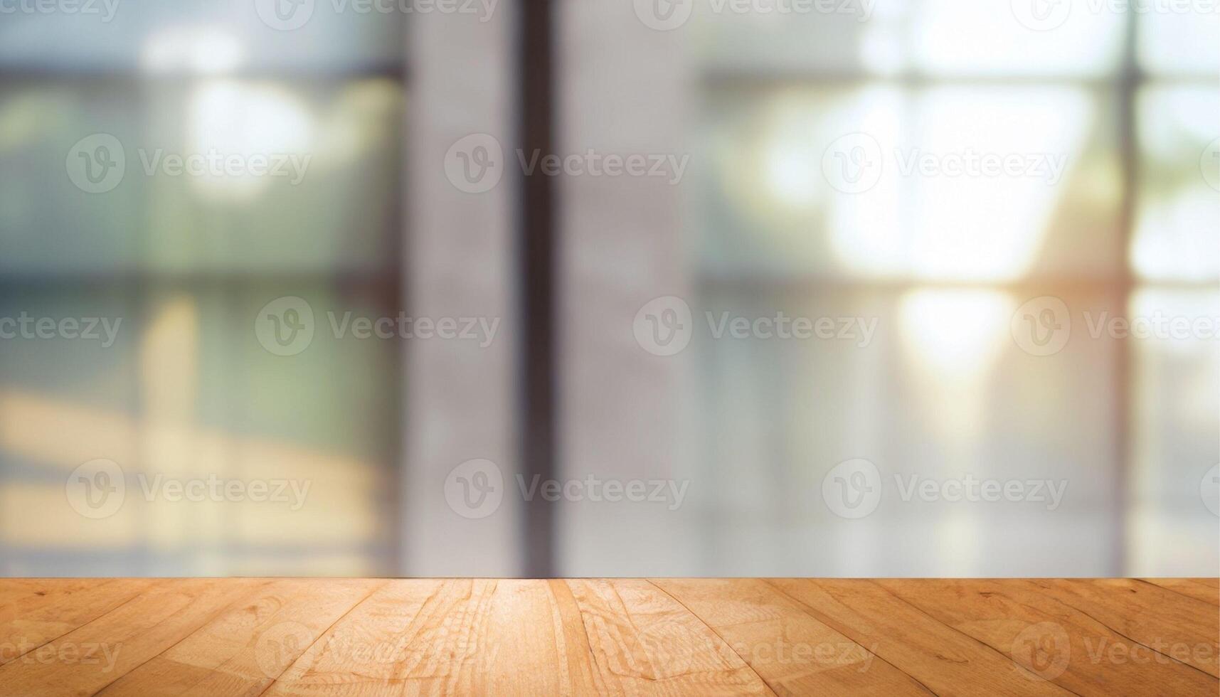 , Wooden table top on blur background of window and bokeh image. photo